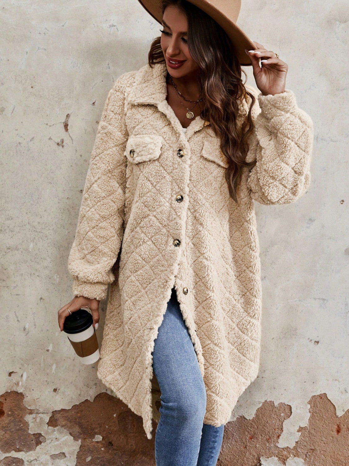 Fuzzy Button Up Dropped Shoulder Long Sleeve Coat - Luxe Mod 