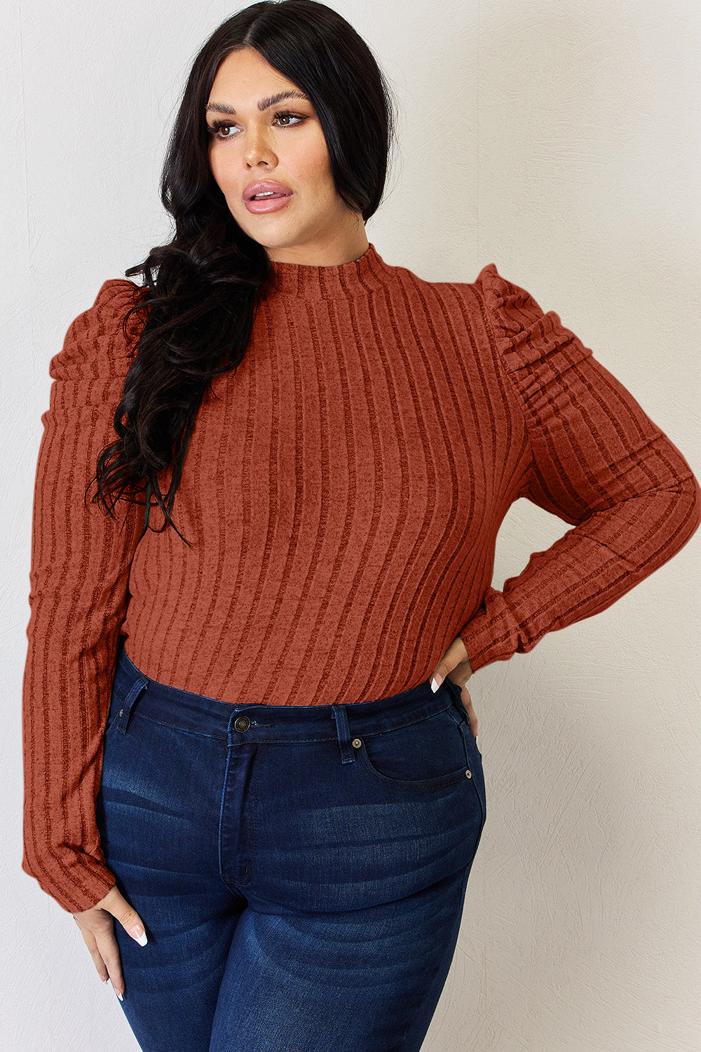 Basic Bae Full Size Ribbed Mock Neck Puff Sleeve T-Shirt - Luxe Mod 