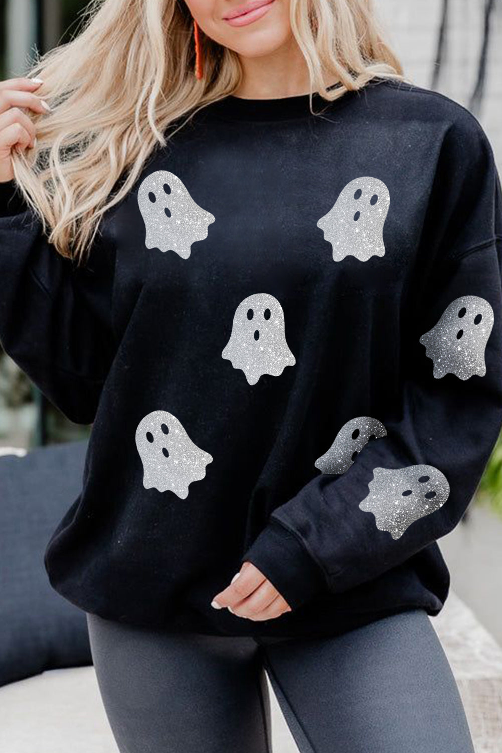 Black Glitter Ghost Pattern Crew Neck Halloween Sweatshirt - Luxe Mod 