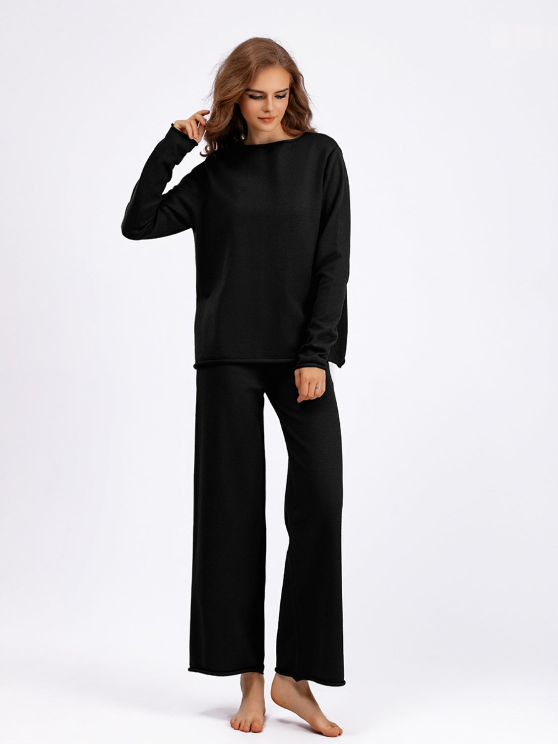 Basic Bae Rolled Round Neck Top and Pants Sweater Set