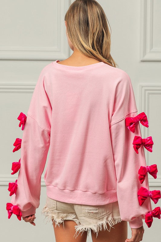 BiBi Velvet Ribbon Bows Long Sleeve Round Neck Sweatshirt