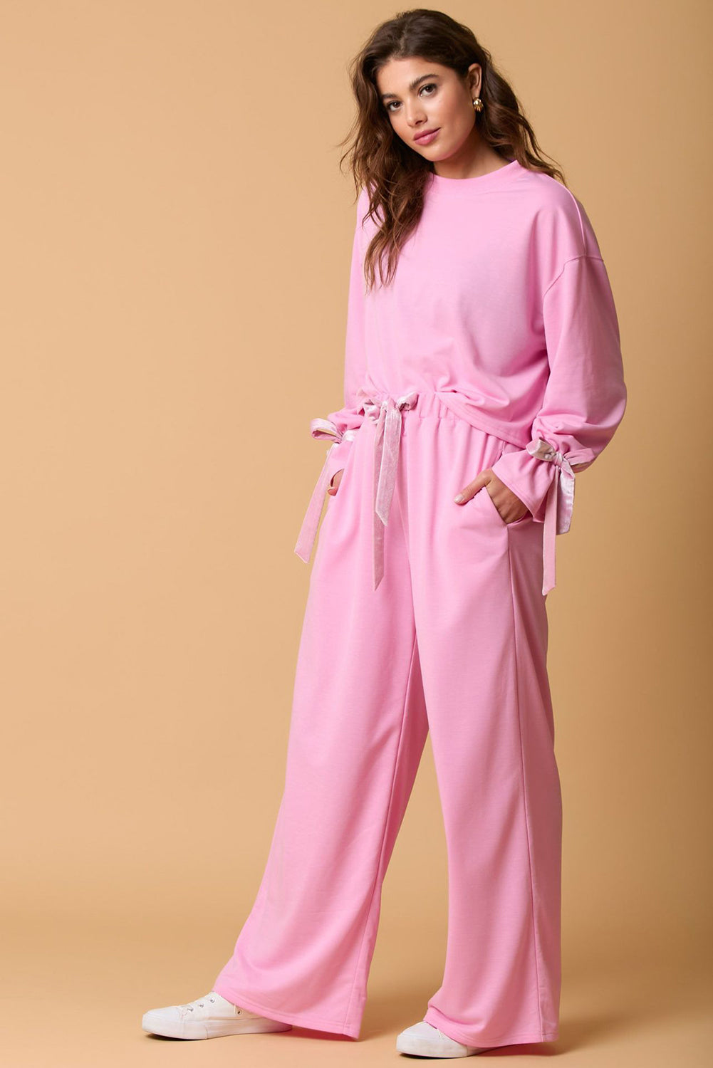 Bonbon Knot Cuffs Long Sleeve Pullover and Wide Leg Pants Set - Luxe Mod 