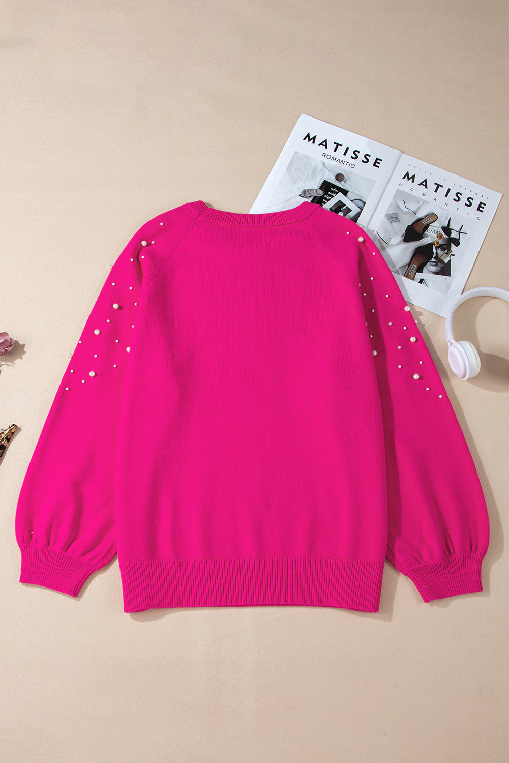 Strawberry Pink Pearled Decor Raglan Sleeve Plus Size Sweater - Luxe Mod 